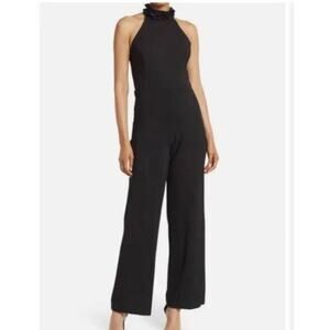 MARINA Ruffled Halter Neck Keyhole Back Solid Black Jumpsuit Size 14